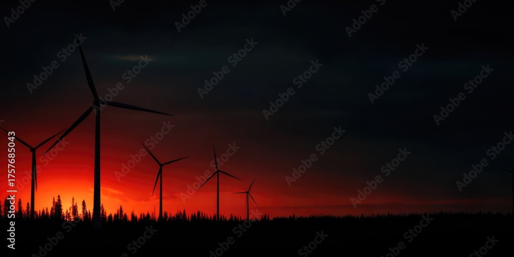 Obraz premium Silhouette of wind turbines during dramatic red sunset over forest horizon