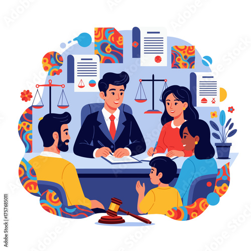 Family meeting with lawyer for legal advice and consultation regarding document agreement, justice, and law, for a professional and modern business partnership
