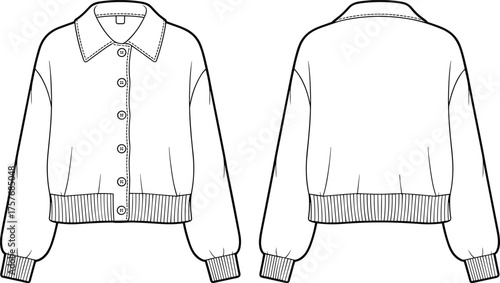 CAD drawing flat vector illustration of women's button-up knit sweater with ribbed hem, cuffed sleeves, oversized fit, fashion sketch