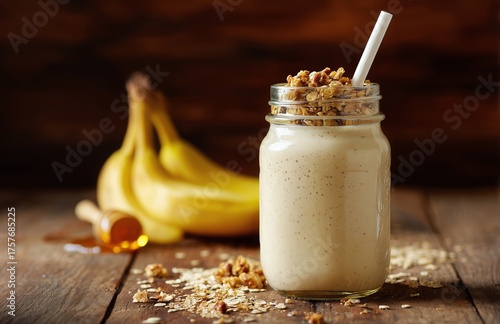 Delicious Banana Smoothie Topped With Granola and Placed on a Rustic Wooden T...