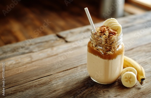 Smooth Banana and Honey Smoothie With Oats Served in a Jar on Wooden Table