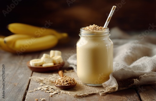 Delicious Banana Smoothie Topped With Granola and Placed on a Rustic Wooden T...