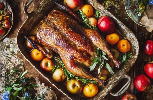 Roasted Turkey on a Silver Platter With Apples and Herbs in a Rustic Setting