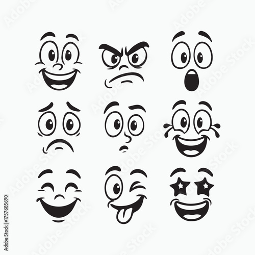 Expressive Cartoon Faces in Monochrome Bold Vector Emotions for Character Design