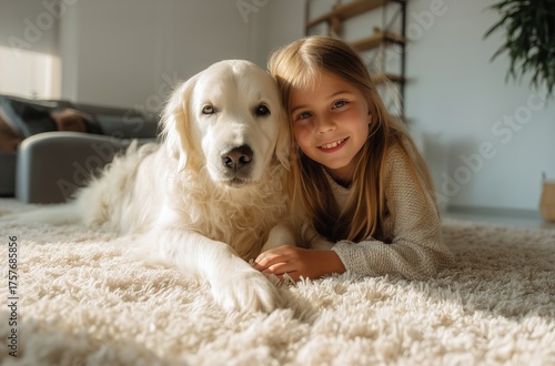 Girl Cuddles With Her Golden Retriever in a Cozy Living Room During a Sunny A...