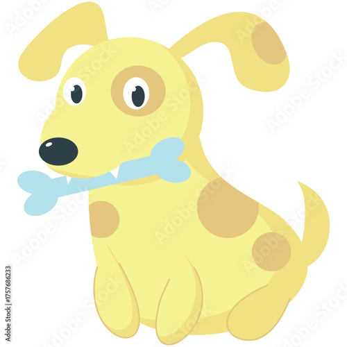 Cartoon dog with bone in mouth vector. Funny puppy animal eating food icon. Happy cute pet isolated. Pet chewing toy, biting snack illustration on white background