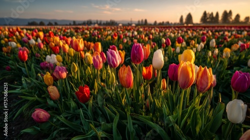 Vibrant tulip field at sunset with warm tones. AI image