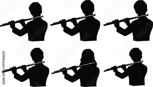 Silhouette musician playing flute, classical instrument performance concept, orchestra artist practice, wind music player isolated vector design illustration for art projects