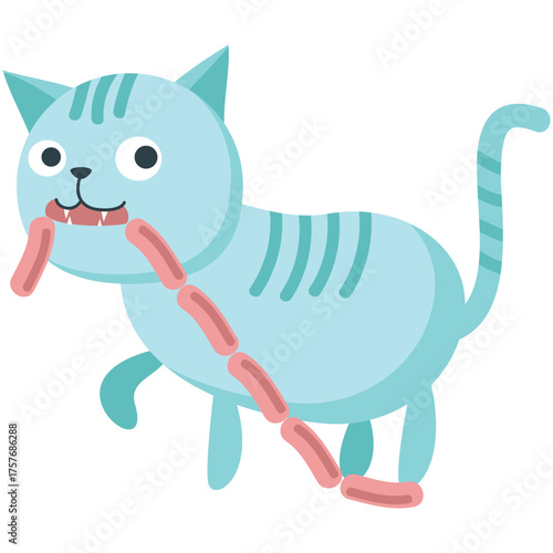 Cartoon cat with sausage in mouth vector icon. Isolated cute kitten pet domestic animal eating illustration on white background