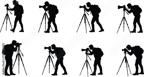Silhouette photographer taking pictures with camera on tripod, outdoor photography concept, creative shooting poses, professional camera operator, adventure travel scene