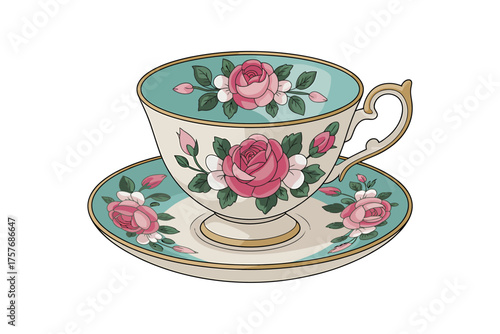 Elegant vintage teacup and saucer with pink roses and green accents