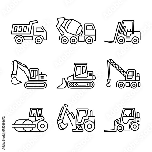 Set of 9 simple black and white line art icons featuring construction vehicles for general use