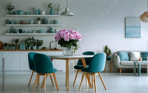 Stylish Dining Room With Modern Decor Featuring a Floral Centerpiece and Teal...