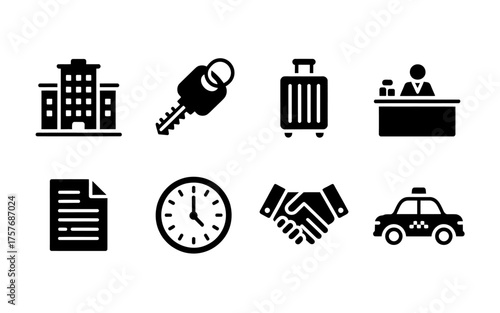 Set of 8 essential black and white icons for hotel services business and travel