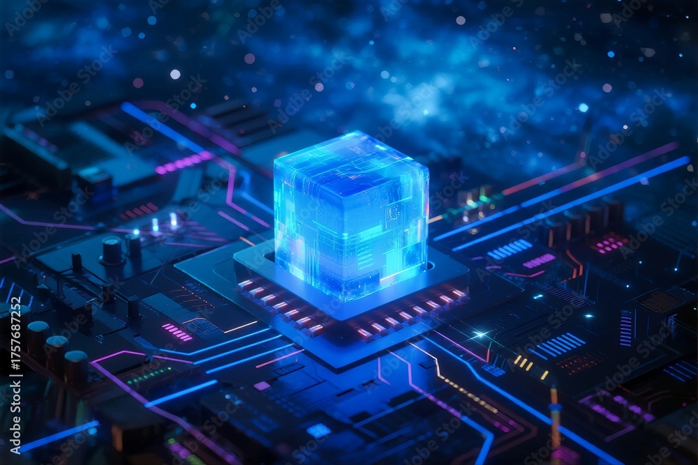 Naklejka premium A high-tech digital cube is displayed on a circuit board with glowing lines, representing modern technology and digital innovation.