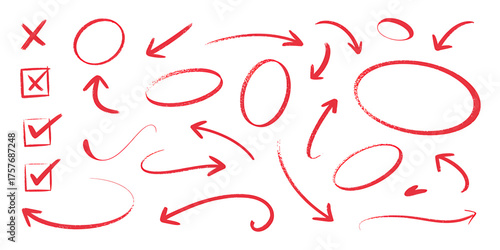 Collection of red handwritten doodles including arrows circles checkmarks and x marks