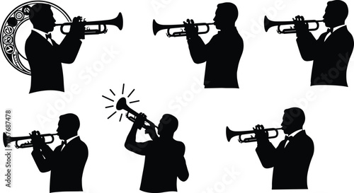 Trumpet player silhouettes performing on stage, jazz musician vector illustration, brass instrument art design, live concert music performance creative flat artwork