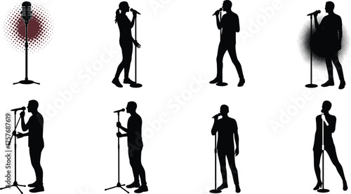 Singer silhouettes performing with microphone on stage, live concert musician vector illustration, vocal artist performance art, music show creative flat artwork design