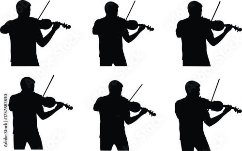 Violinist silhouettes playing violin on stage, classical musician performing art, orchestral music vector illustration, elegant performance design flat artwork