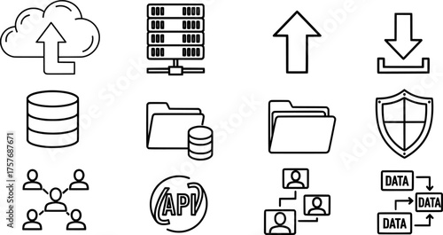Set of network and database related icons. Cloud, server, database, folder, arrow, data, api icon. Vector illustration.