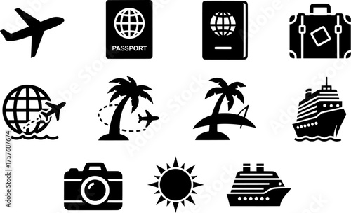 Set of travel and tourism icons. Passport, plane, suitcase, palm tree, sun, camera and ship icon. Vector illustration.