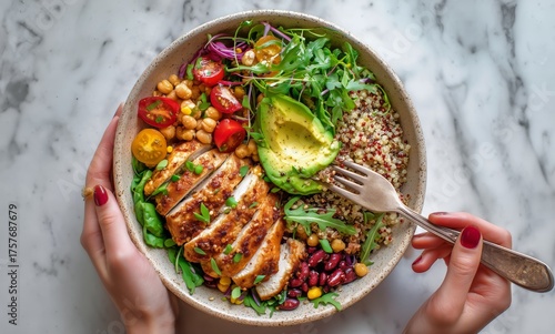Healthy Bowl With Grilled Chicken, Quinoa, Avocado, and Colorful Vegetables S...