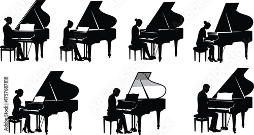 Pianist silhouettes playing grand piano in concert, classical music performance vector illustration, elegant musician art, piano player creative design artwork