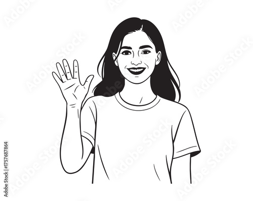 Happy young woman waving hand, friendly girl smiling and saying hello, black and white line art portrait, for greetings and communication, isolated vector.