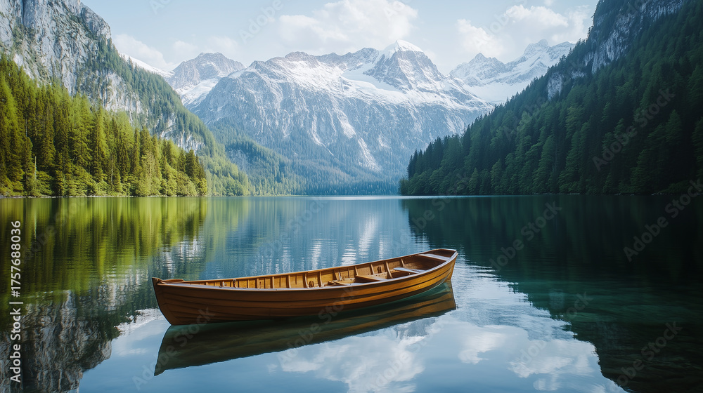 Obraz premium Wooden boat on a tranquil lake surrounded by majestic mountain landscape