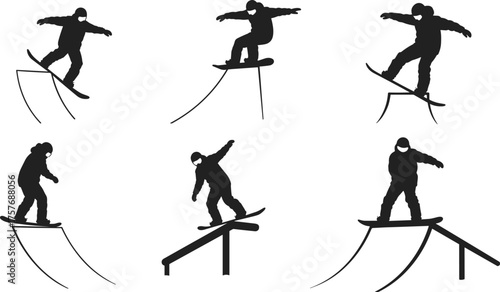 Snowboarders performing tricks and jumps on rails and ramps, winter sports silhouette, extreme snowboarding vector illustration, freestyle snowboarding action art design