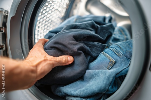 Washing Jeans in a Modern Machine During a Household Chore on a Sunny Day at ...