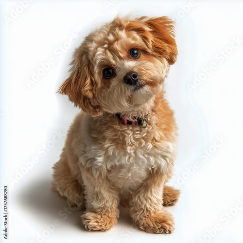 Cute Fluffy Puppy Tilting Its Head While Sitting on a White Background