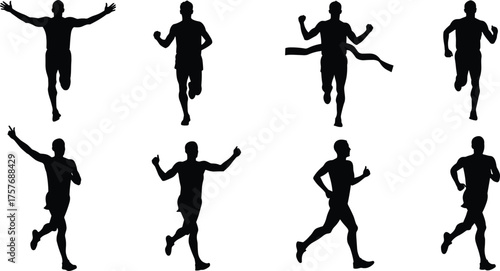 Silhouette of marathon runner crossing finish line, jogging and sprinting athletes in motion, collection of running poses, vector sports illustration concept design