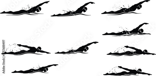 Professional swimmer performing freestyle stroke sequence, black silhouette motion illustration, swimming training technique concept, water splash movement, vector sport artwork design