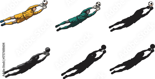 Professional soccer goalkeeper diving to catch the ball, football player save motion, vector illustration set with realistic action shadows and poses, sports concept
