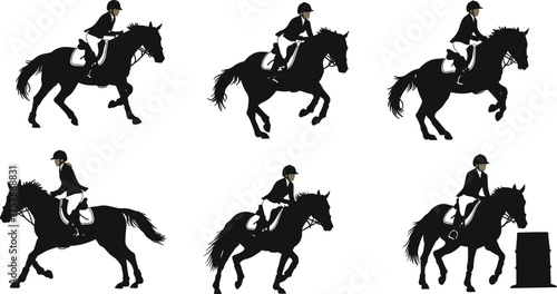 Horse riding competition vector illustration, equestrian sport silhouette, rider on horse jumping, professional horseback rider, equestrian performance artwork, horse racing design element