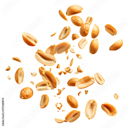 Falling roasted peanuts isolated on a transparent white background, clipping path