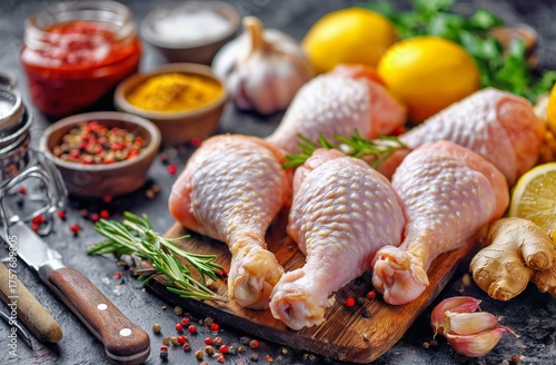 Fresh Chicken Drumsticks With Herbs and Spices on Wooden Cutting Board in Kit...
