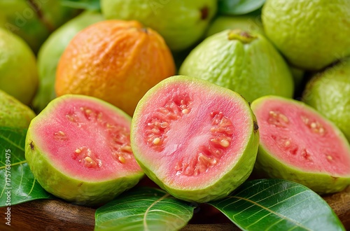 Fresh Guavas Cut Open Reveal Pink Flesh and Seeds on a Wooden Platter Surroun...