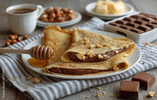 Delightful Crepes With Chocolate Filling and Nuts Served on a Wooden Table