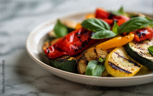 Grilled Vegetables on a Plate With Fresh Herbs Garnishing in a Bright Kitchen...