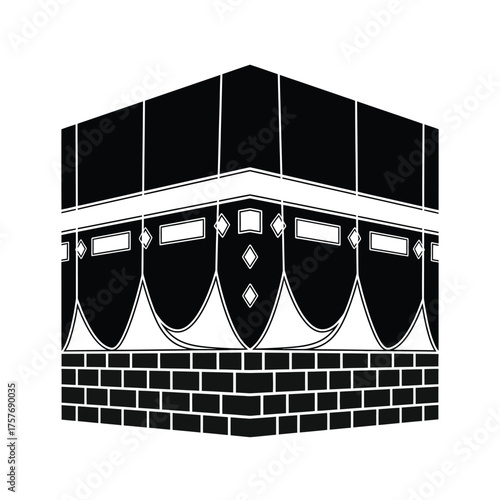 Iconic black and white representation of the kaaba in mecca islamic holy site for pilgrimage and worship isolated on transparent background