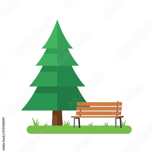 Serene green evergreen tree and wooden park bench resting amidst lush grasses serenity outdoors nature scene isolated on transparent background