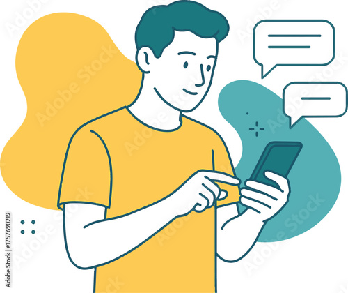Man Interacting with Smartphone and Chat Bubbles