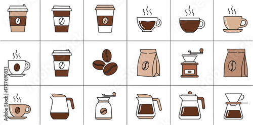 Collection of flat design icons representing various coffee items and brewing equipment for cafe and beverage concepts