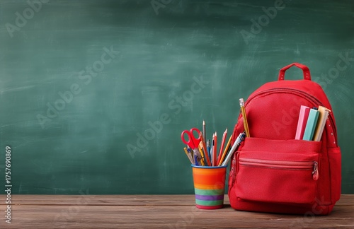 Colorful Classroom Supplies Beside a Red Backpack on a Wooden Desk in Front o...