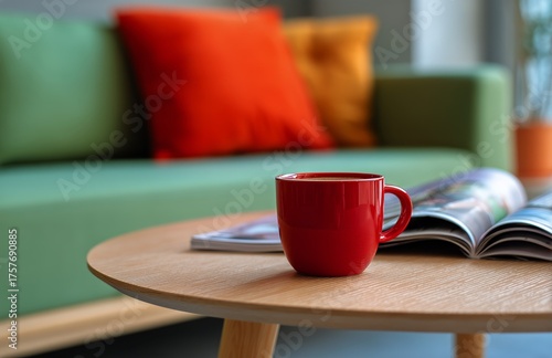 Cozy Living Room Setup With a Red Coffee Cup and Colorful Cushions on a Green...