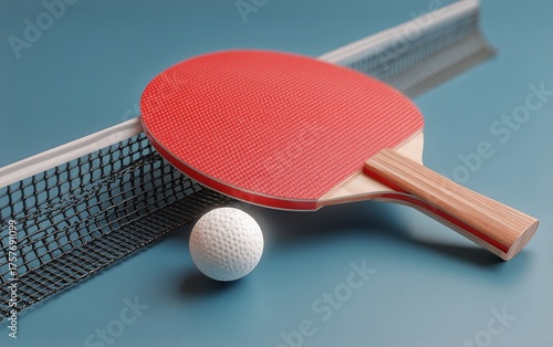 Table Tennis Paddle and Ball Resting by the Net on a Blue Surface