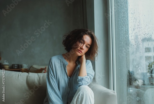 Contemplative Young Woman Gazing out Window During Rainy Afternoon Indoors