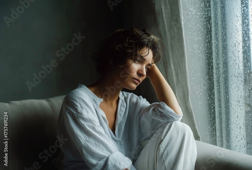 Contemplative Young Woman Gazing out Window During Rainy Afternoon Indoors